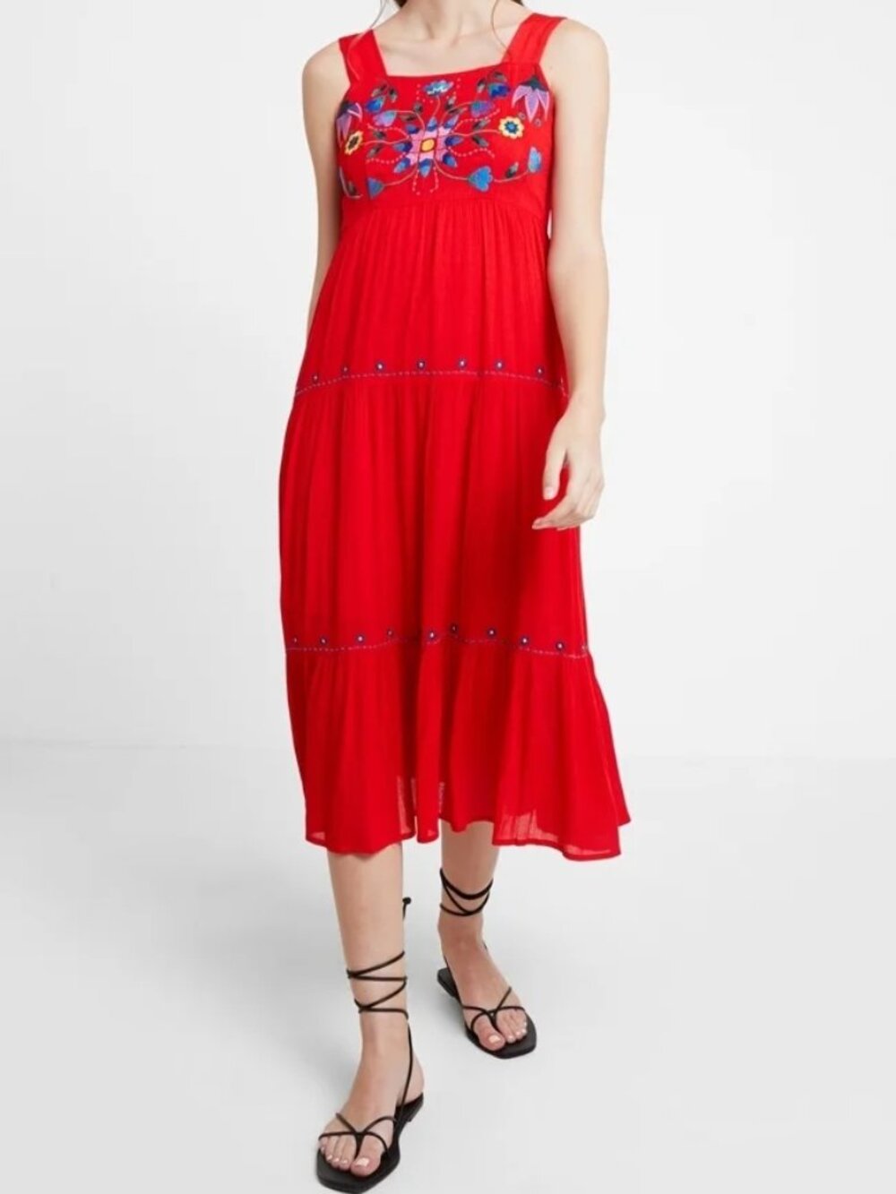 Louche Red Embroidered Mexican-style Midi Sleeveless Dress Size 6